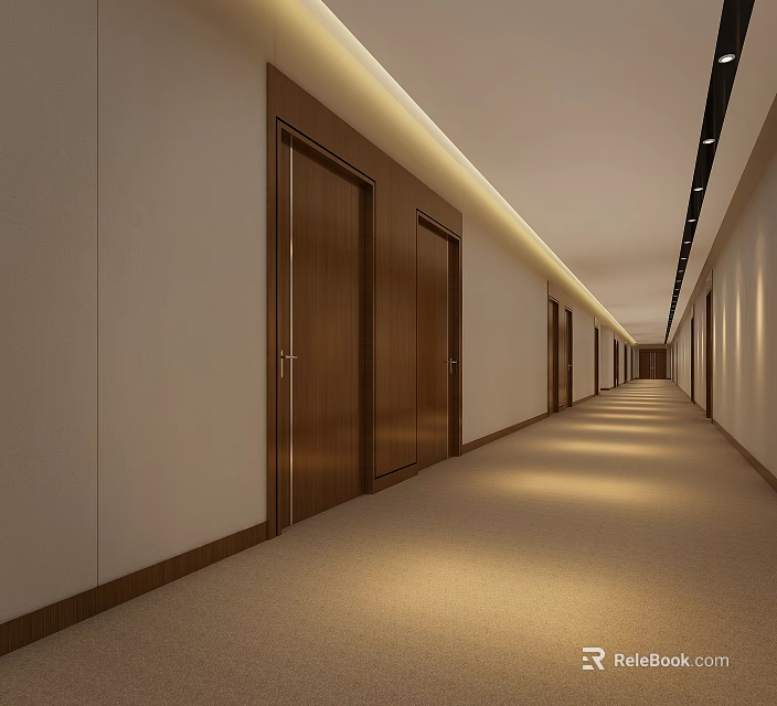Modern Office Hallway With Wooden Doors Light Colored Walls Soft Lighting And Carpeted Floor 3d model 