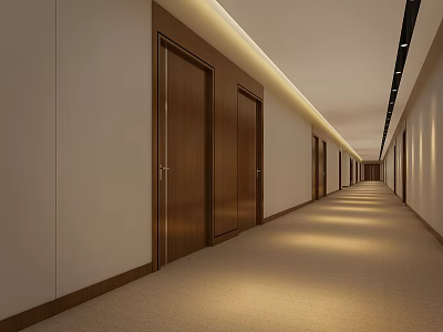 Modern Office Hallway With Wooden Doors Light Colored Walls Soft Lighting And Carpeted Floor 3d model