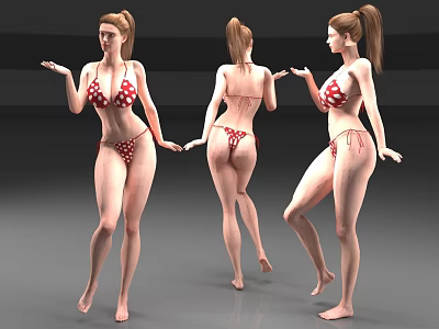 Woman In Red And White Polka Dot Bikini Posing From Three Angles 3d model
