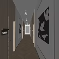 Hotel Corridor Interior With Wooden Walls Herringbone Flooring Recessed Lighting And Decorative Artwork