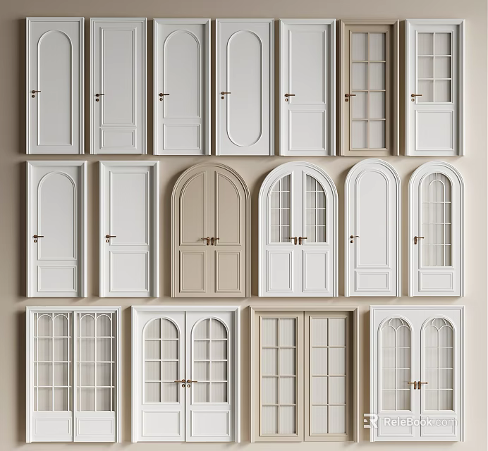Various Hinged Doors Designs with Glass Panels and Arched Frames for Home Interior 3d model 