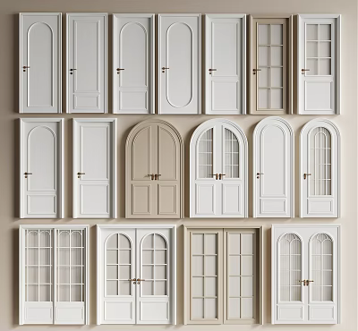 Various Hinged Doors Designs with Glass Panels and Arched Frames for Home Interior 3d model