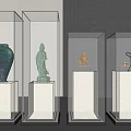 Antique Exhibits in Transparent Display Cases on White Pedestals Against Gray Wall Background