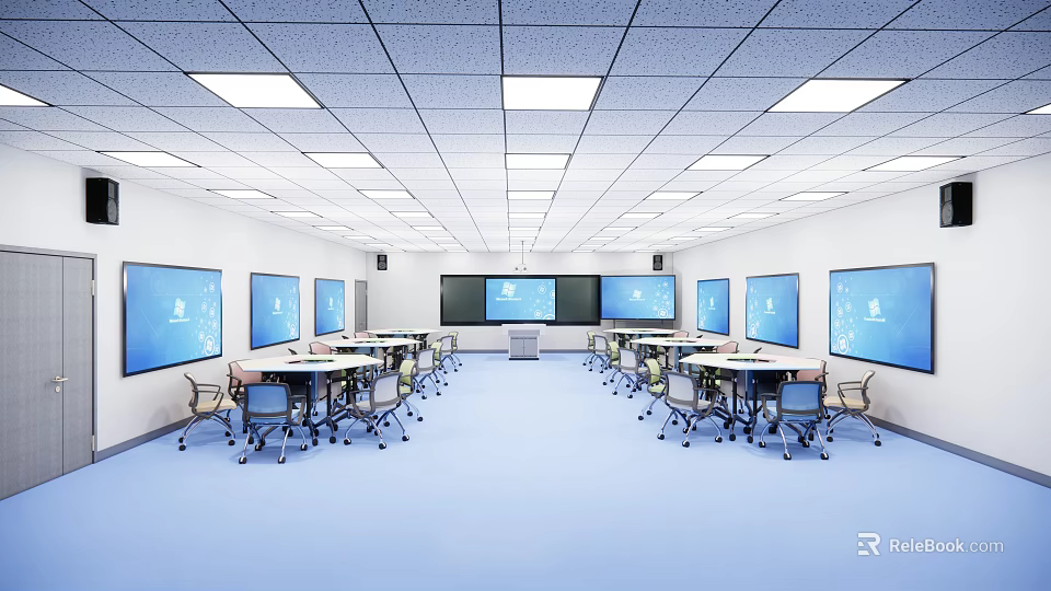 School Modern Classroom With Many Desks Chairs Multiple Blue Screens And Ceiling Lights 3d model 