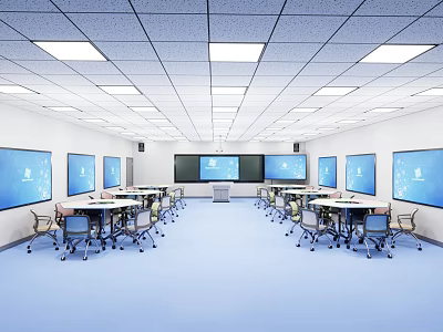 School Modern Classroom With Many Desks Chairs Multiple Blue Screens And Ceiling Lights 3d model