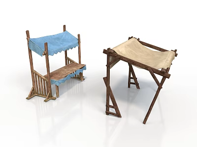 Two Wooden Furniture Stalls With Blue And Beige Canopies For Outdoor 3d model