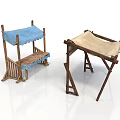 Two Wooden Furniture Stalls With Blue And Beige Canopies For Outdoor