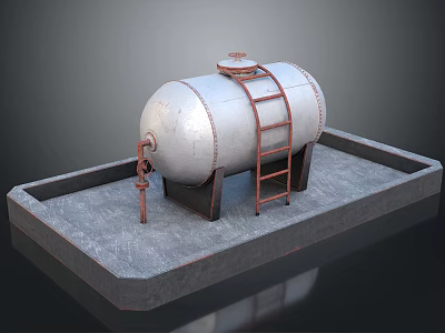 Cylindrical Metal Storage Tank With Red Ladder And Concrete Foundation Base 3d model