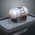 Cylindrical Metal Storage Tank With Red Ladder And Concrete Foundation Base