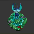 Blue Character With Red Hat Standing On Green Platform With Purple Flowers And Hanging Rope