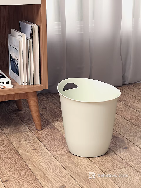 Minimalist Beige Trash Bin In Cozy Living Room With Wooden Furniture 3d model 
