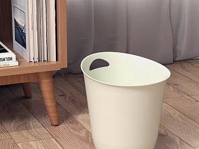 Minimalist Beige Trash Bin In Cozy Living Room With Wooden Furniture 3d model