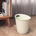 Minimalist Beige Trash Bin In Cozy Living Room With Wooden Furniture