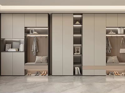 Modern Shoe Cabinet Interior With Integrated Storage Seating Bench Clothing Rack And Decorative Books 3d model