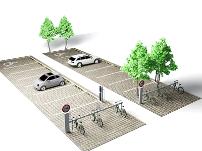 Outdoor Parking Lot With Cars Bicycles Parking Spaces And Green Trees 3d model