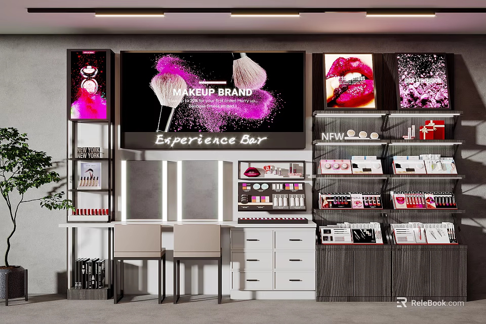 Modern Makeup Display Shelves in Brand Experience Bar with Organized Cosmetics and Stylish Product Arrangement 3d model 