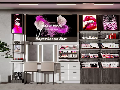 Modern Makeup Display Shelves in Brand Experience Bar with Organized Cosmetics and Stylish Product Arrangement 3d model