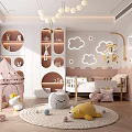 Kids Room Interior With Play Tent Stuffed Toys Crib Round Shelves And Cloud Decorations