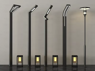 Modern Outdoor Lights With Black Metal Lamp Posts And Various Designs 3d model