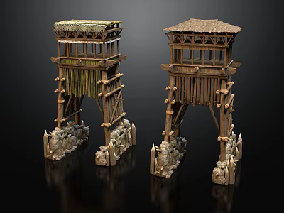 Wooden Watchtower Structures Featuring Thatch Roofs And Stone Base Supports With Decorative Frames 3d model