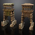 Wooden Watchtower Structures Featuring Thatch Roofs And Stone Base Supports With Decorative Frames 3d model