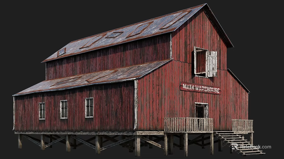Red Barn Building With Rusted Metal Roof Wooden Structure And Maltese Cross Sign 3d model 