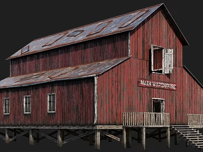 Red Barn Building With Rusted Metal Roof Wooden Structure And Maltese Cross Sign 3d model