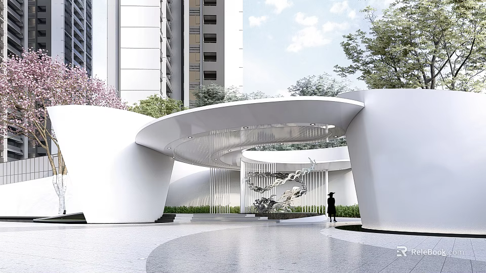 Modern Style White Curved Entrance Gate With Greenery Water Feature And High Rise Background 3d model 