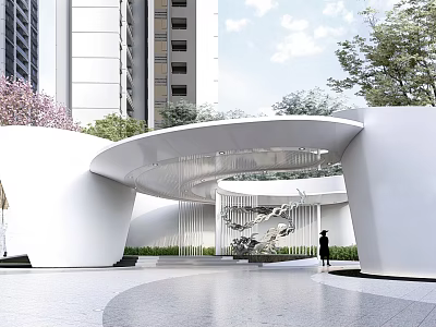 Modern Style White Curved Entrance Gate With Greenery Water Feature And High Rise Background 3d model