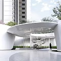 Modern Style White Curved Entrance Gate With Greenery Water Feature And High Rise Background