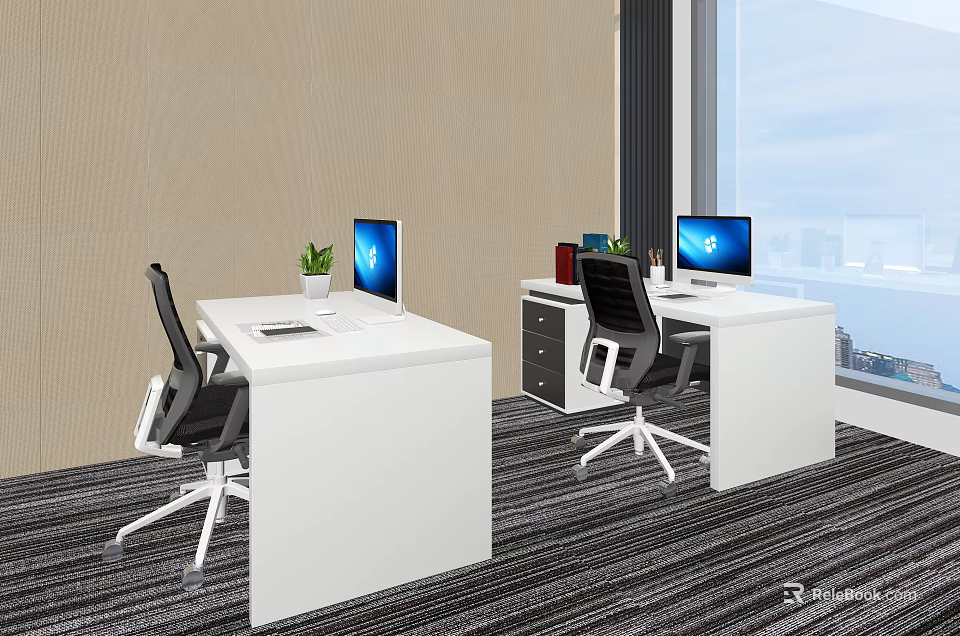 Modern Office Desks With White Surfaces Computer Monitors And Ergonomic Chairs 3d model