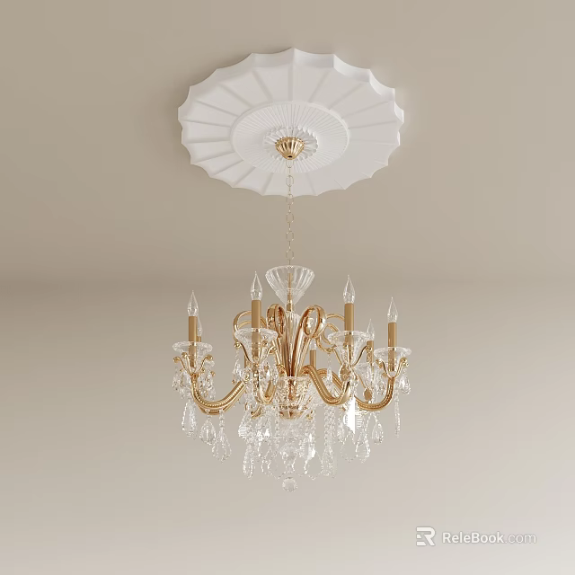 Elegant Golden Chandelier With White Circular Ceiling Medallion Candle Shaped Arms And Crystal Pendants 3d model 