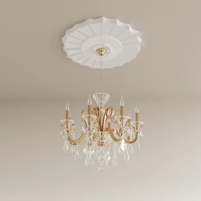 Elegant Golden Chandelier With White Circular Ceiling Medallion Candle Shaped Arms And Crystal Pendants 3d model