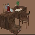 Wooden Writing Desk With Chair Red Kettle Lamp Plant Notebook And Storage Box