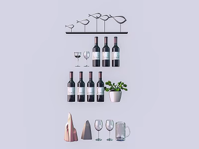 Wall Mounted Wine Rack with Wine Bottles Wine Glasses Decorative Birds and Various Glassware 3d model