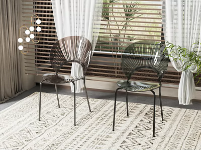 Woven Leisure Chairs Brown And Black Indoor With Window Curtains Geometric Rug And Plants 3d model