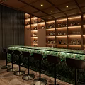 Stylish Bar Interior With Shelves Of Bottles Green Counter Stools Stone Wall And Neon Sign