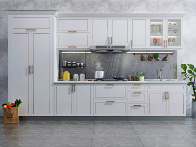 Modern Kitchen With White Cabinets Gray Walls Countertop Range Hood Sink And Plants 3d model