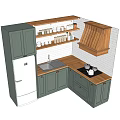 Modern Kitchen Featuring Green Cabinets Wooden Countertops Range Hood And White Brick Wall