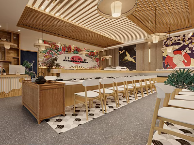 Traditional Japanese Restaurant Interior Design With Wooden Slat Ceiling Hanging Lanterns Bar Counter And Seating 3d model