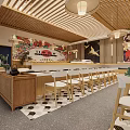 Traditional Japanese Restaurant Interior Design With Wooden Slat Ceiling Hanging Lanterns Bar Counter And Seating