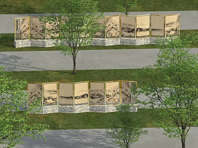 Scenic Wall With Landscape Painting Panels And Stone Base In Garden 3d model