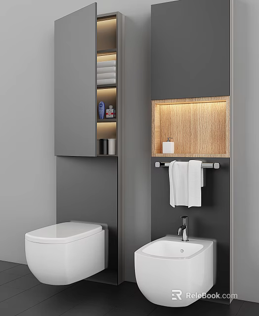 Modern Bathroom Washbasin with Gray Walls Wooden Backdrop Wall Mounted Cabinet and White Towel 3d model 