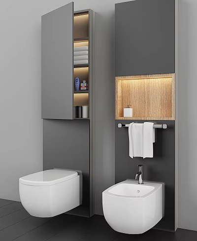 Modern Bathroom Washbasin with Gray Walls Wooden Backdrop Wall Mounted Cabinet and White Towel 3d model