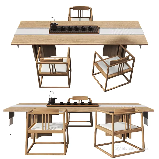 Natural Wooden Tea Table With Matching Chairs And Tea Set 3d model