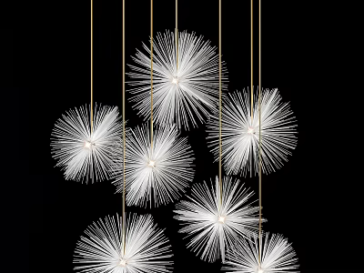Dandelion Shaped White Chandelier with Golden Hanging Cords on Black Background 3d model