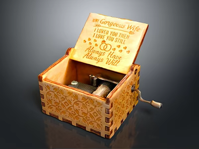 Wooden Music Box With Engraved Message Heart Patterns And Hand Crank Mechanism 3d model
