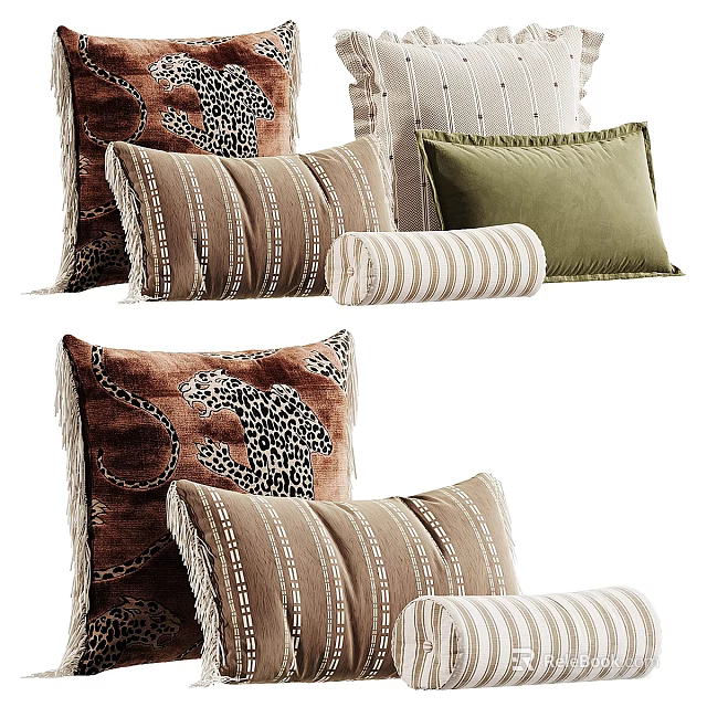 Leopard Print Striped Brown Green Throw Pillows With Fringe And Decorative Patterns 3d model 