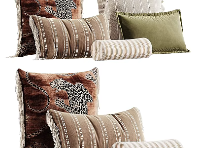 Leopard Print Striped Brown Green Throw Pillows With Fringe And Decorative Patterns 3d model