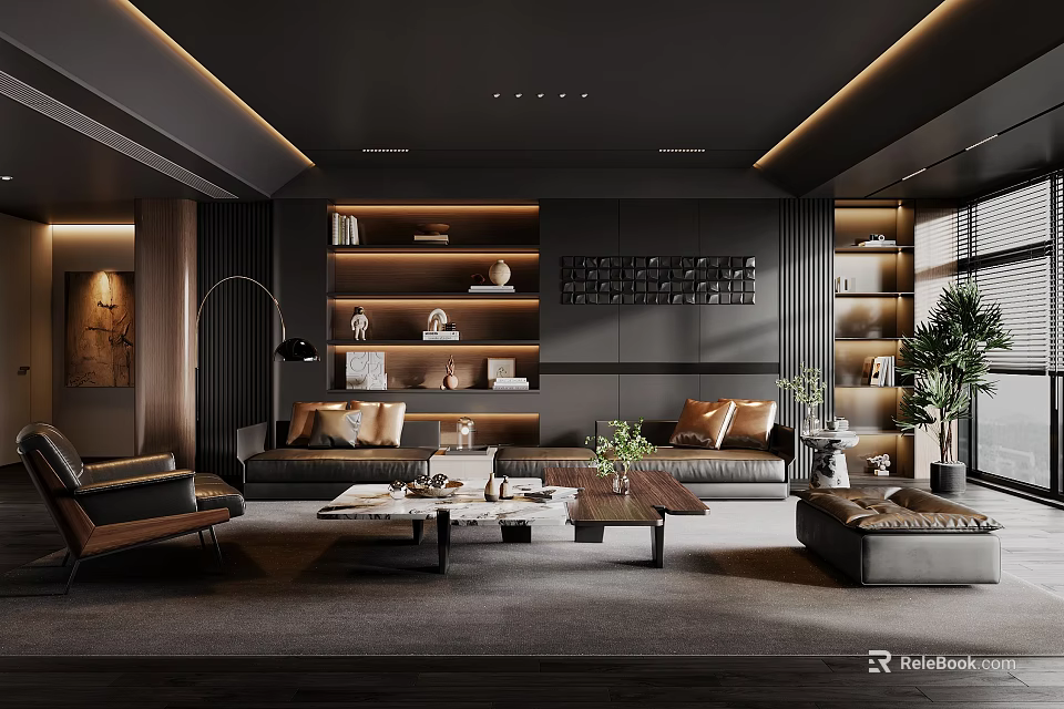 Modern Living Room Interior With Dark Ceiling Wooden Shelves Sofa Coffee Tables And Green Plants 3d model 